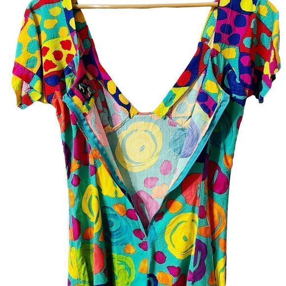 Sz 7 Vintage Colorful Rainbow Tie Front Dress Hawaiian Jams World Crushed Rayon - Picture 6 of 8